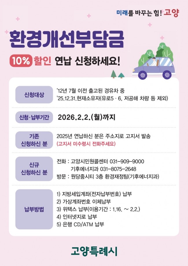 고양시, 경유차 환경개선부담금 연납하면 10％ 할인