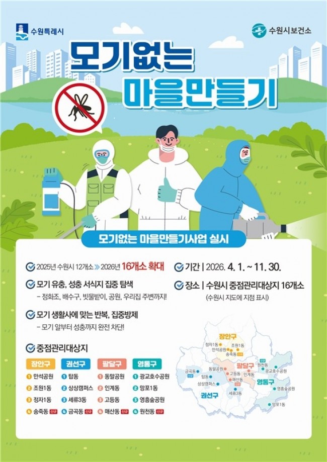 수원시보건소, '모기없는 마을만들기 사업' 확대한다…2026년 16개소에서 운영