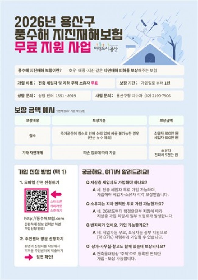 용산구, 지하주택 풍수해·지진재해 보험료 전액 지원…재난 대비 '든든한 안전망'