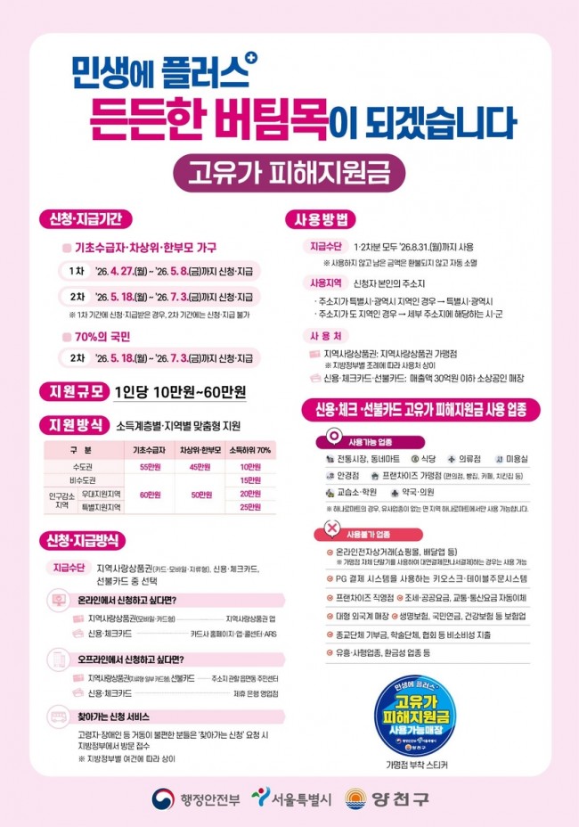 양천구, '고유가 피해지원금' 27일부터 접수 시작…최대 55만 원 지급